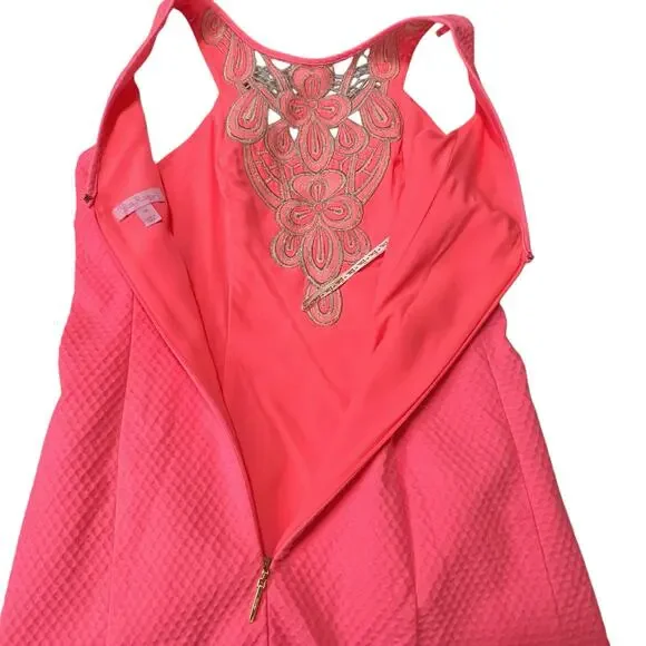 Lilly Pulitzer Pink Embroidered Sheath Dress Size 00 Cutout Back Zipper Lined - Picture 4 of 11